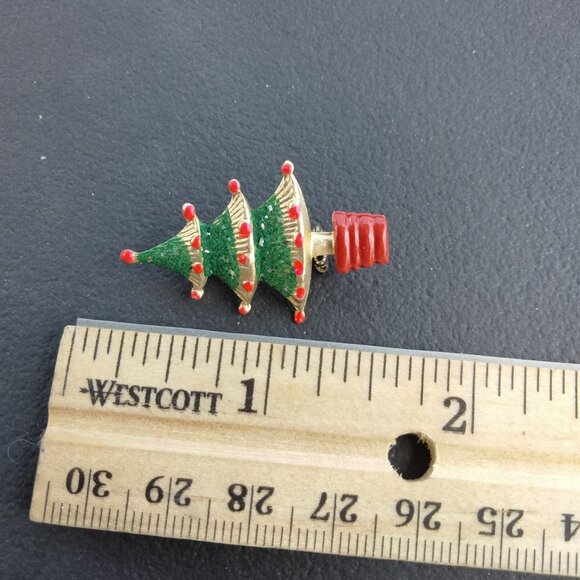 Green Glitter Christmas Tree Brooch Asian Pagoda Pin Vintage 1950 Holiday - Picture 2 of 3